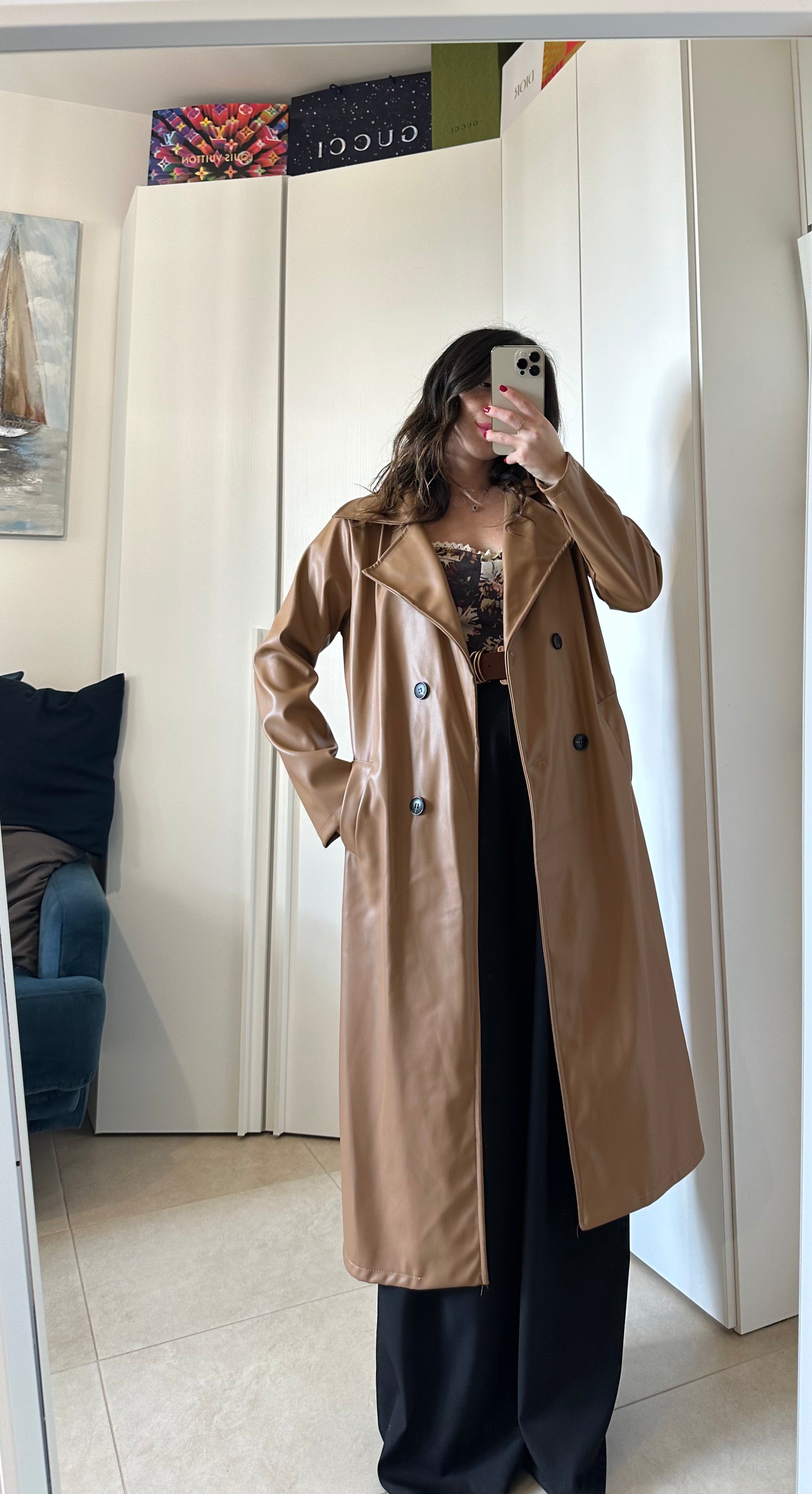 Trench Lungo in Ecopelle Cammello con Cintura