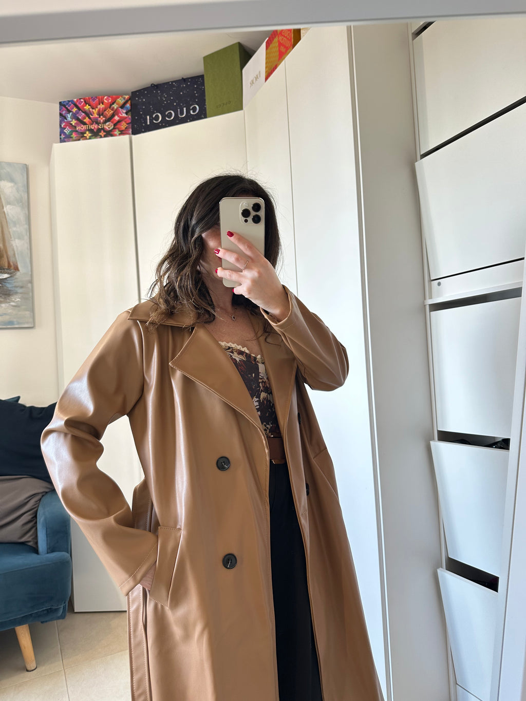 Trench Lungo in Ecopelle Cammello con Cintura
