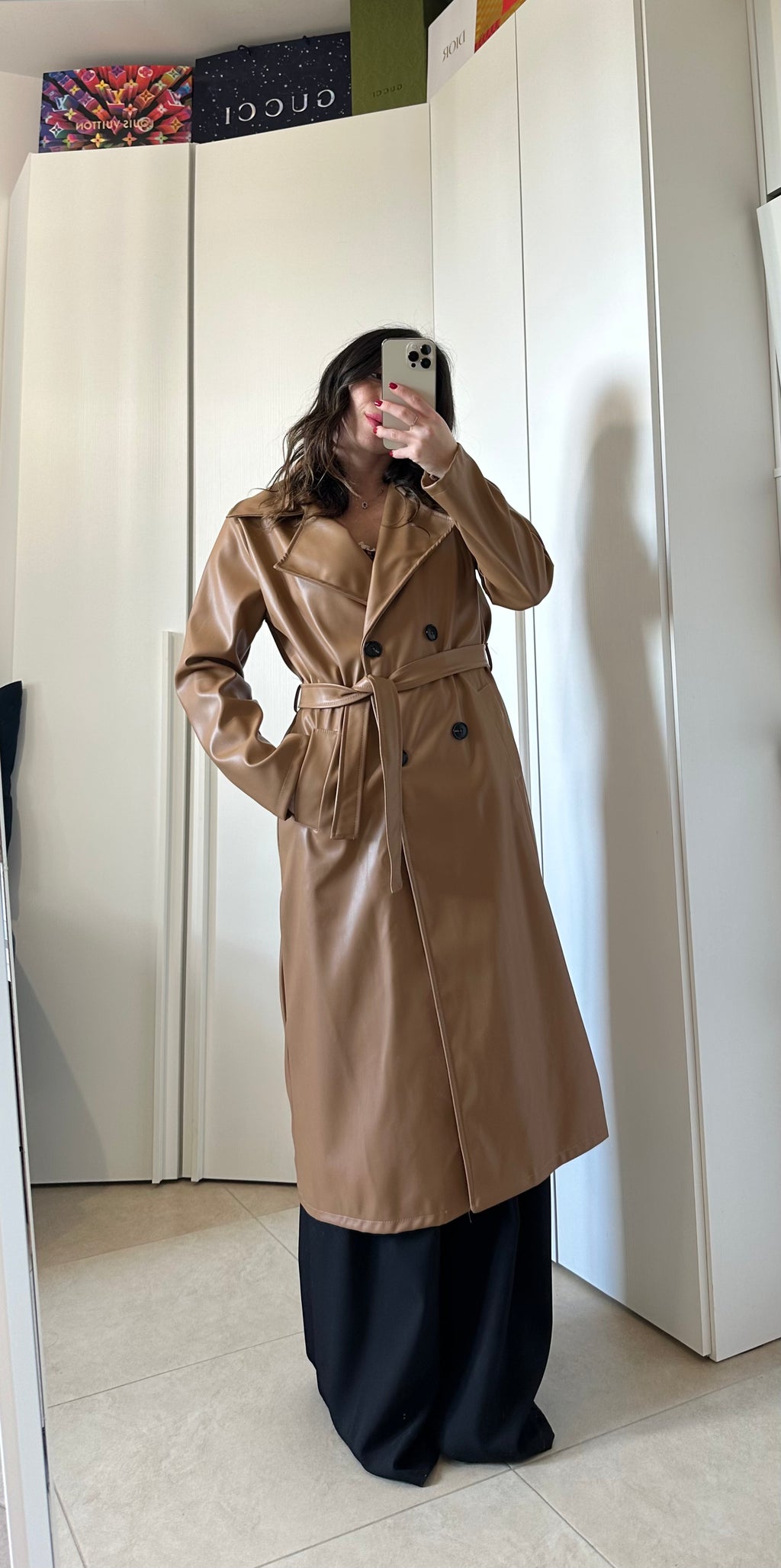 Trench Lungo in Ecopelle Cammello con Cintura