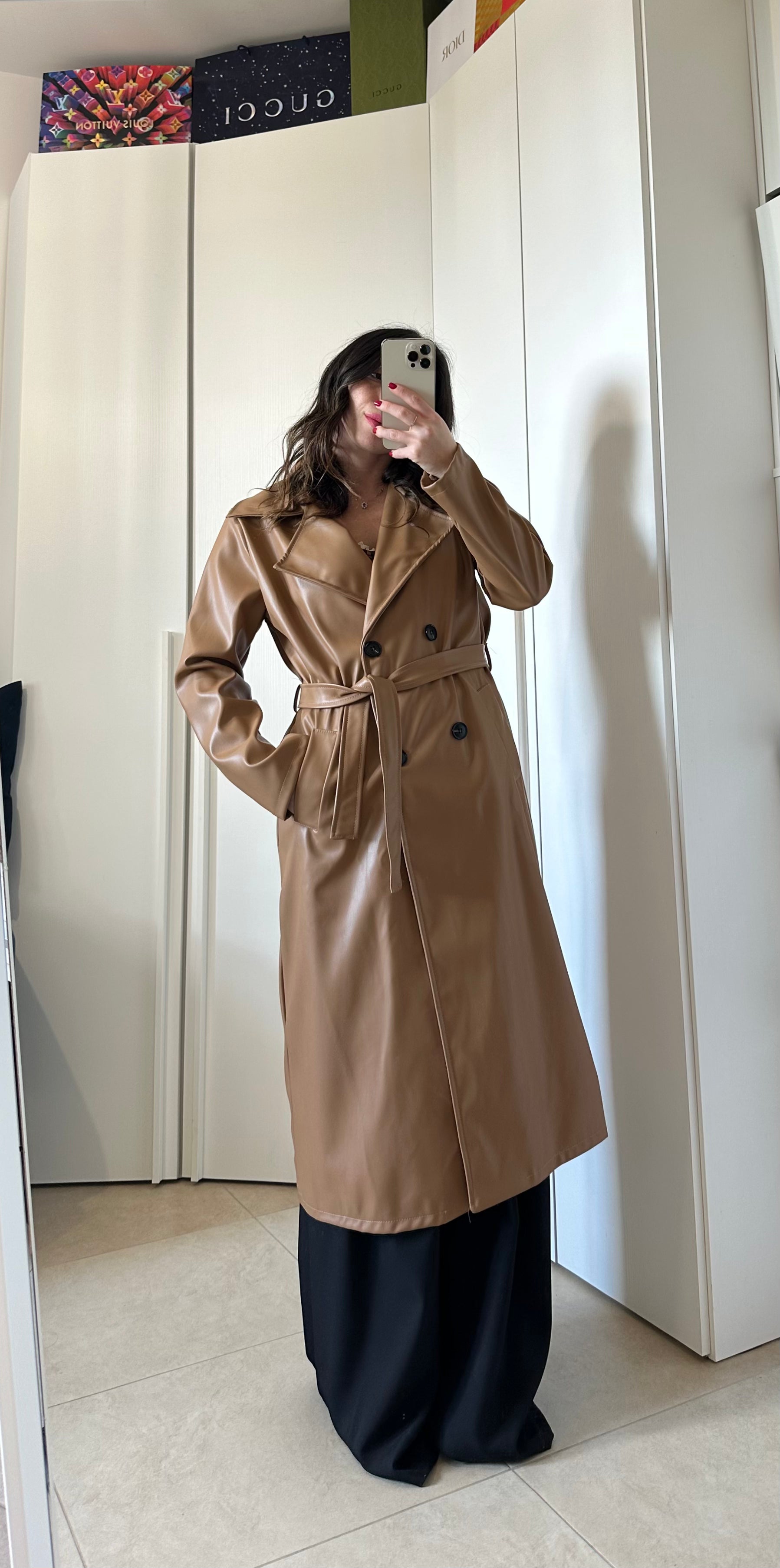 Trench Lungo in Ecopelle Cammello con Cintura