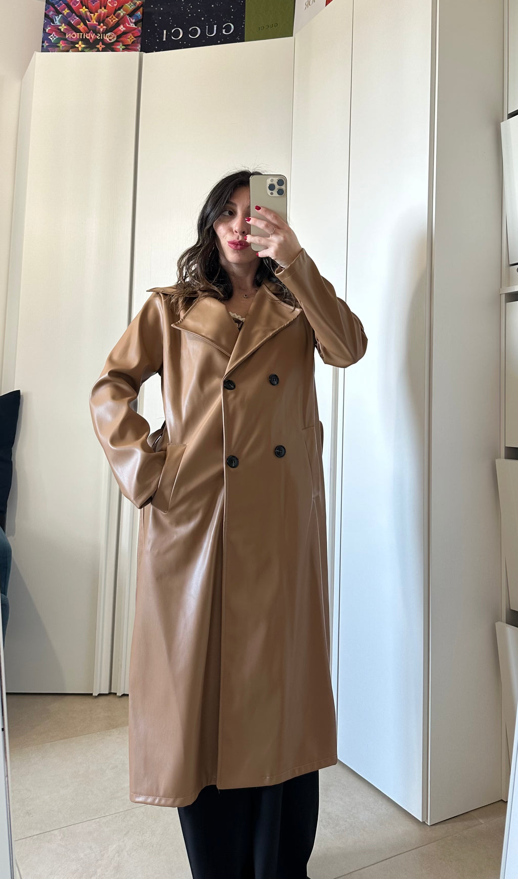 Trench Lungo in Ecopelle Cammello con Cintura