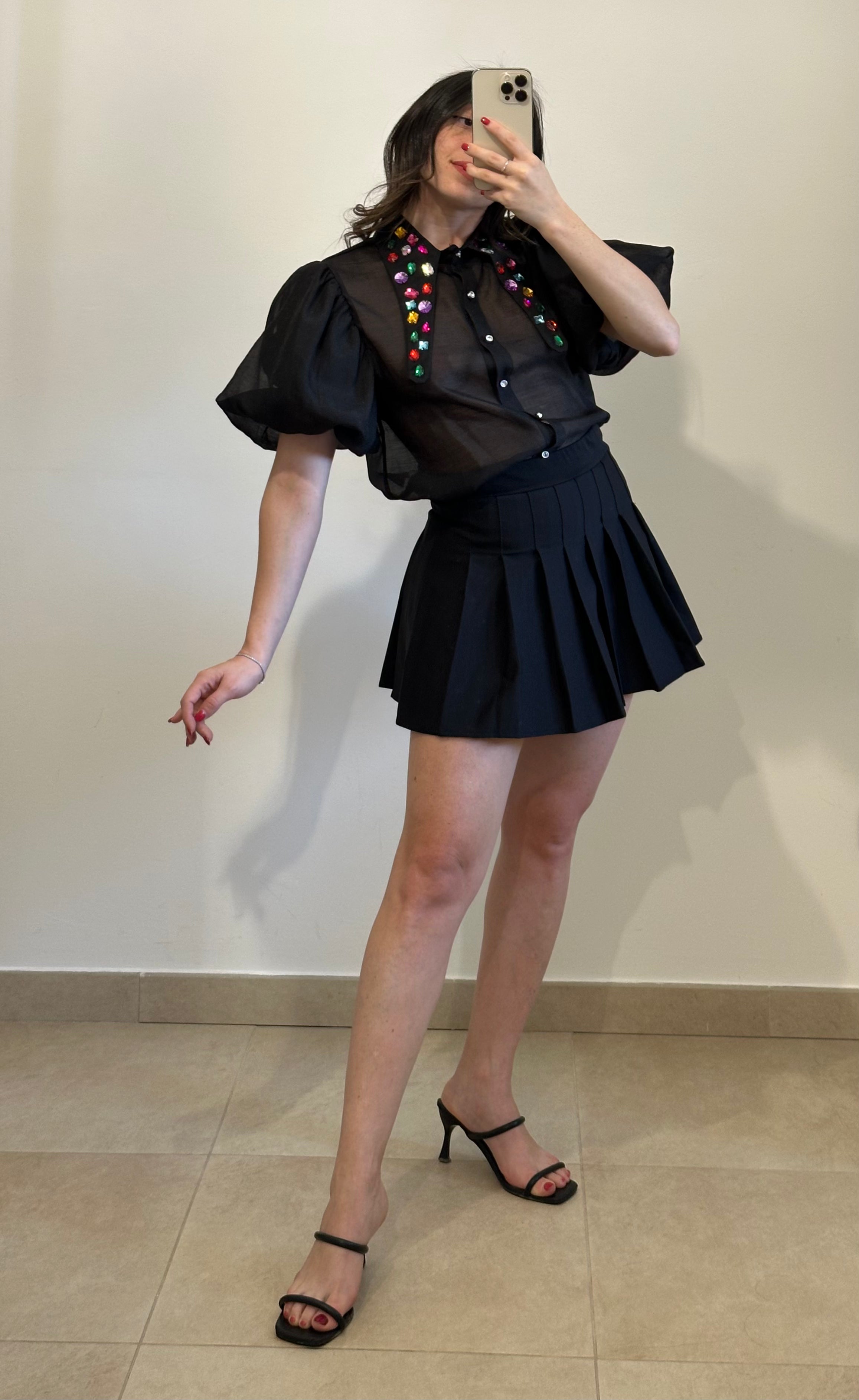Minigonna Plissé Nera con Pantaloncino Incorporato