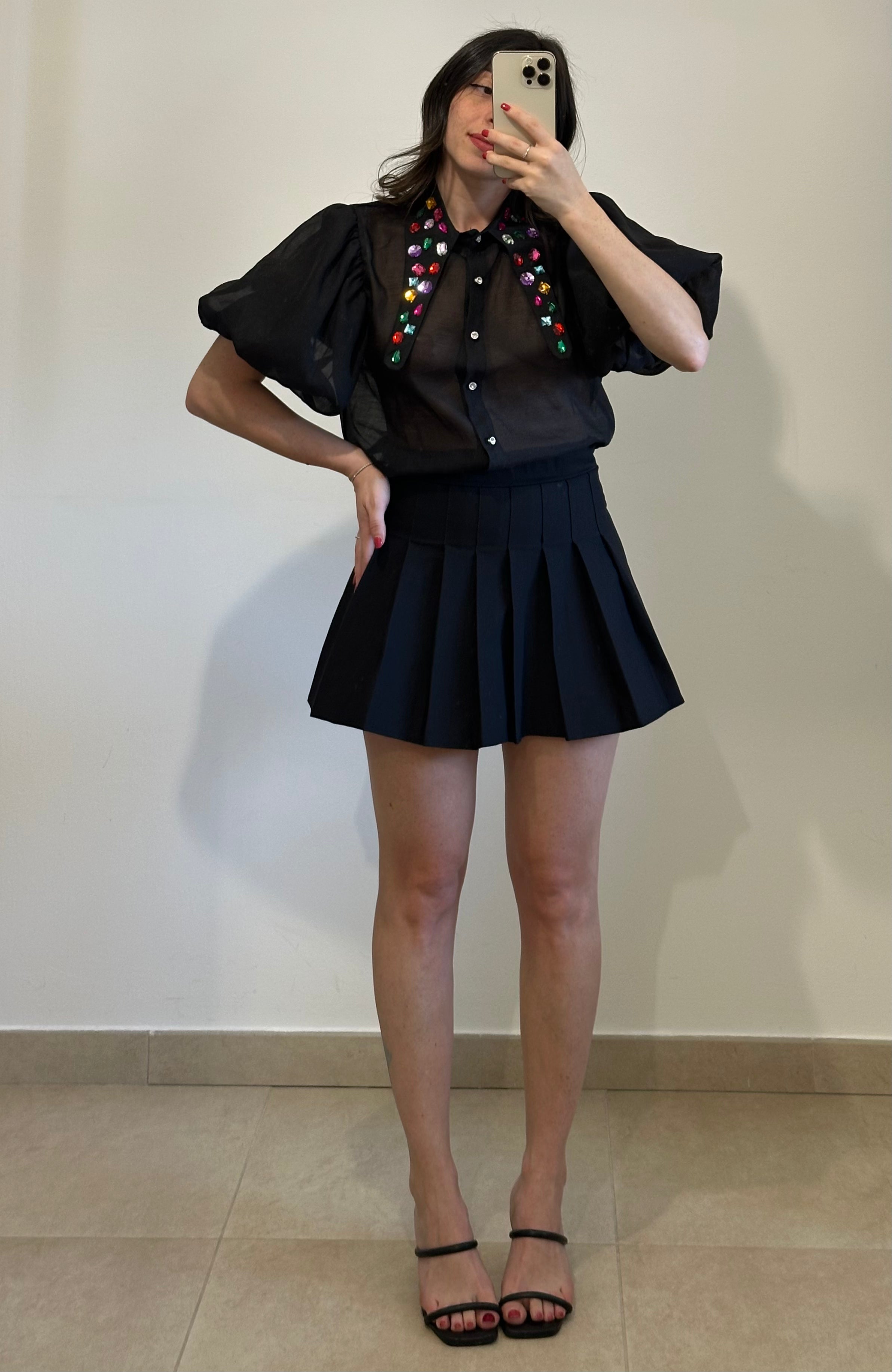 Minigonna Plissé Nera con Pantaloncino Incorporato