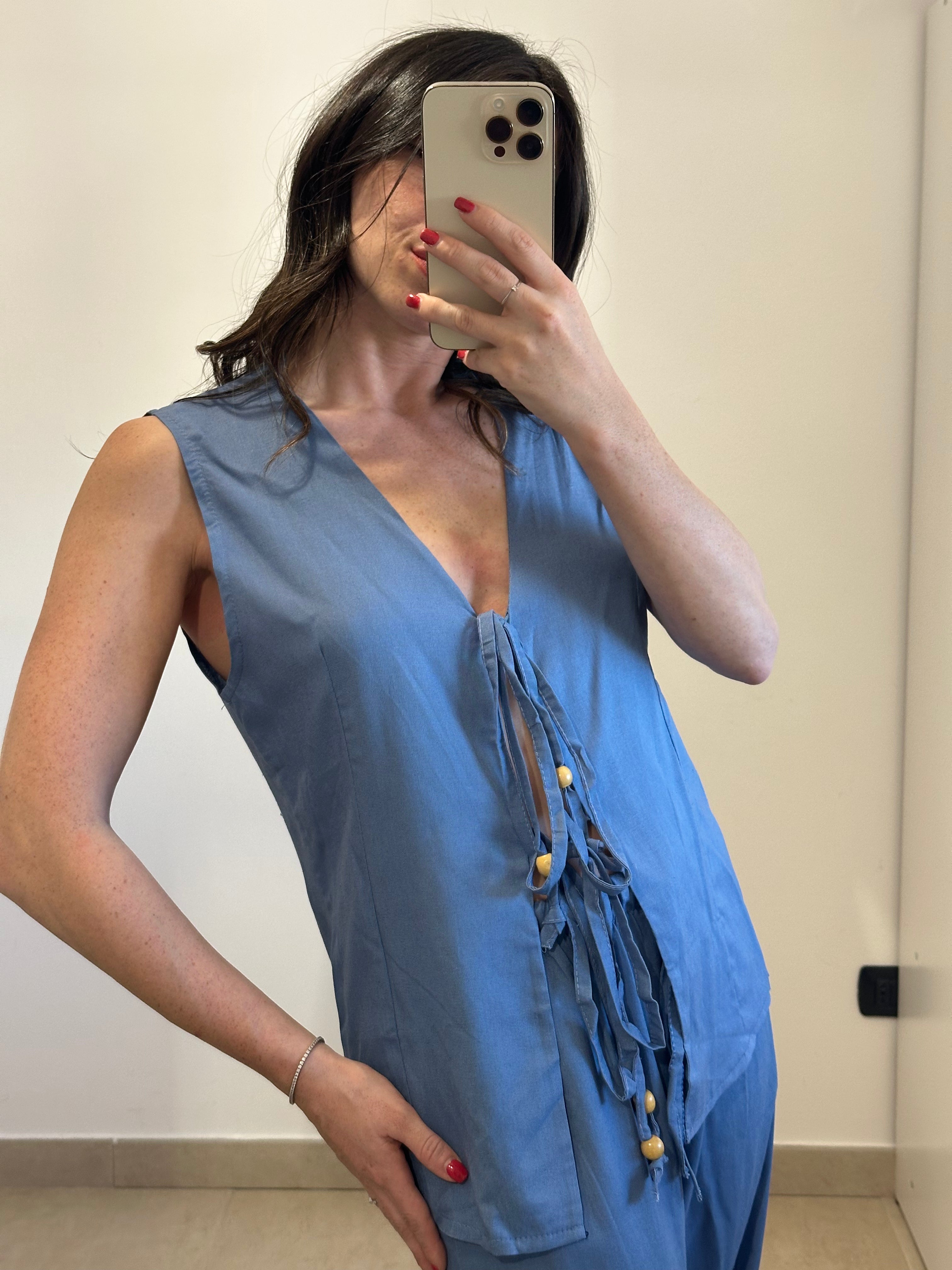 Coordinato in Lino - Canotta e Pantalone AZZURRO