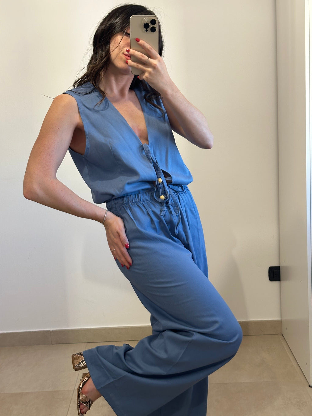Coordinato in Lino - Canotta e Pantalone AZZURRO