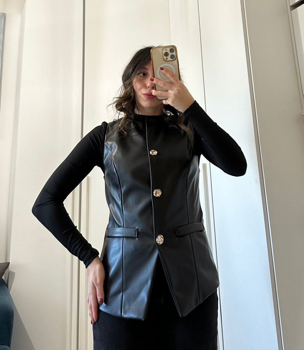 Gilet Ecopelle Nero con Bottoni Gioiello
