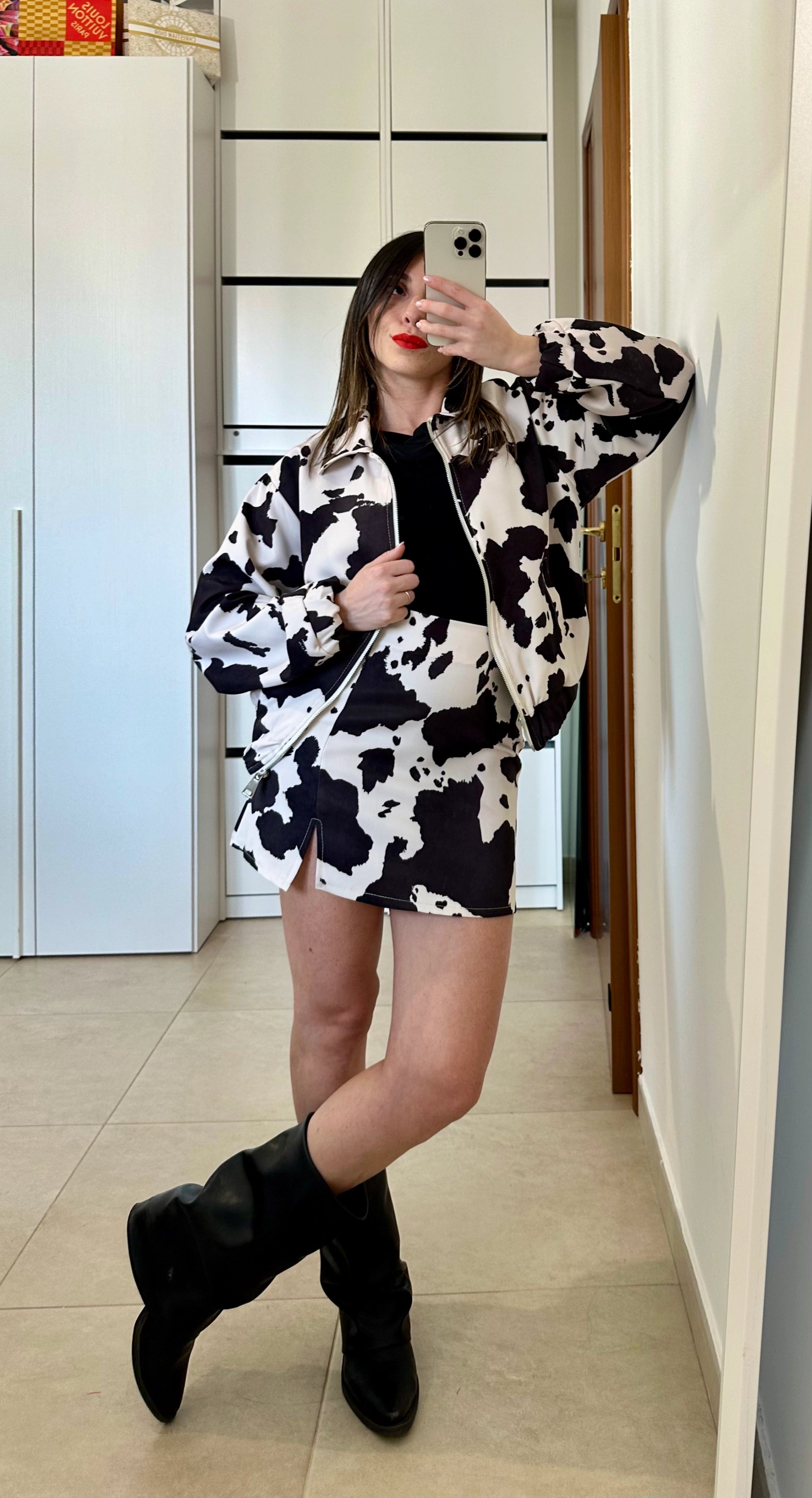 Coordinato Fantasia Maculata - Felpa e Gonna NERO