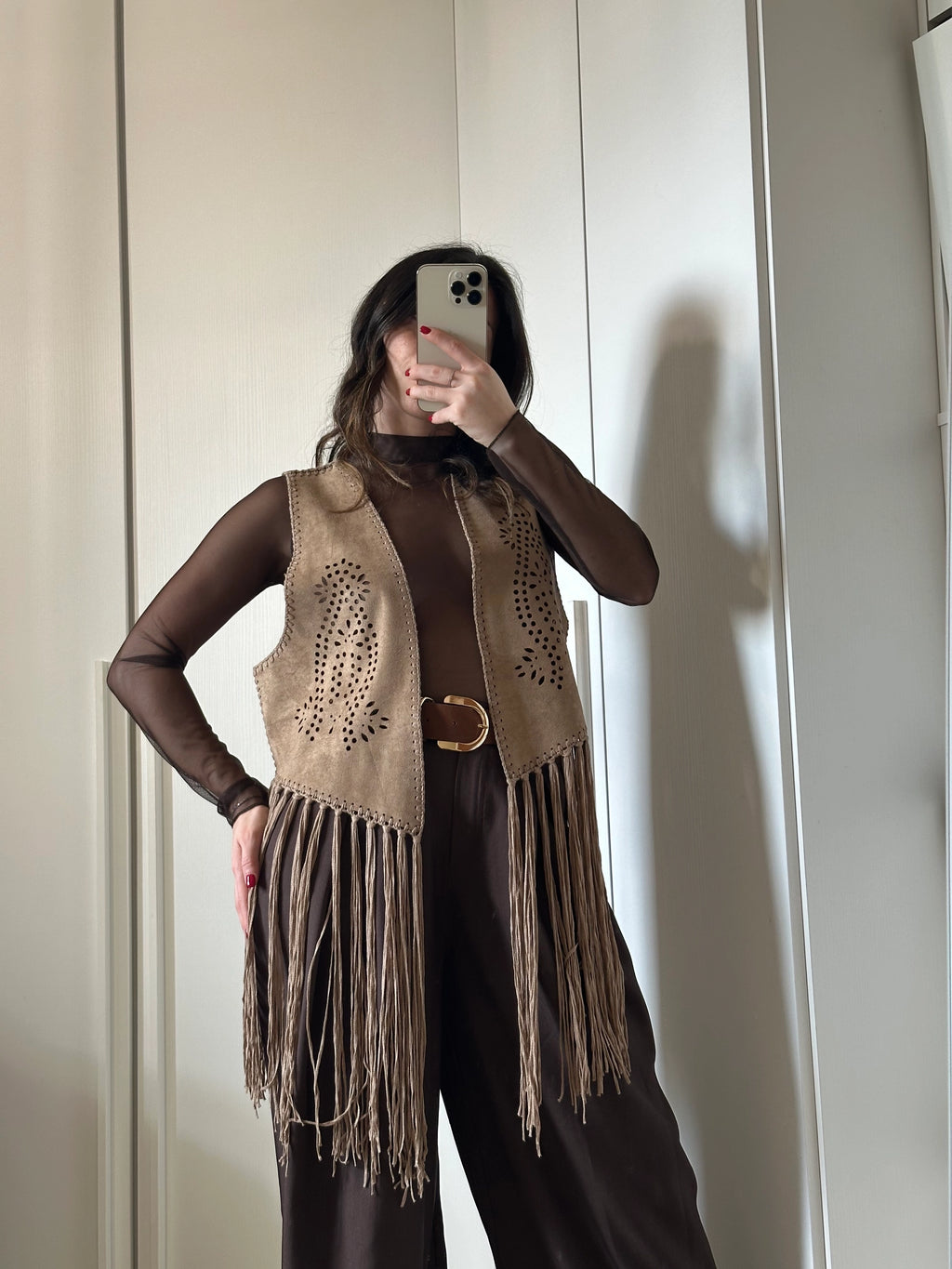 Gilet Scamosciato con Frange MARRONE