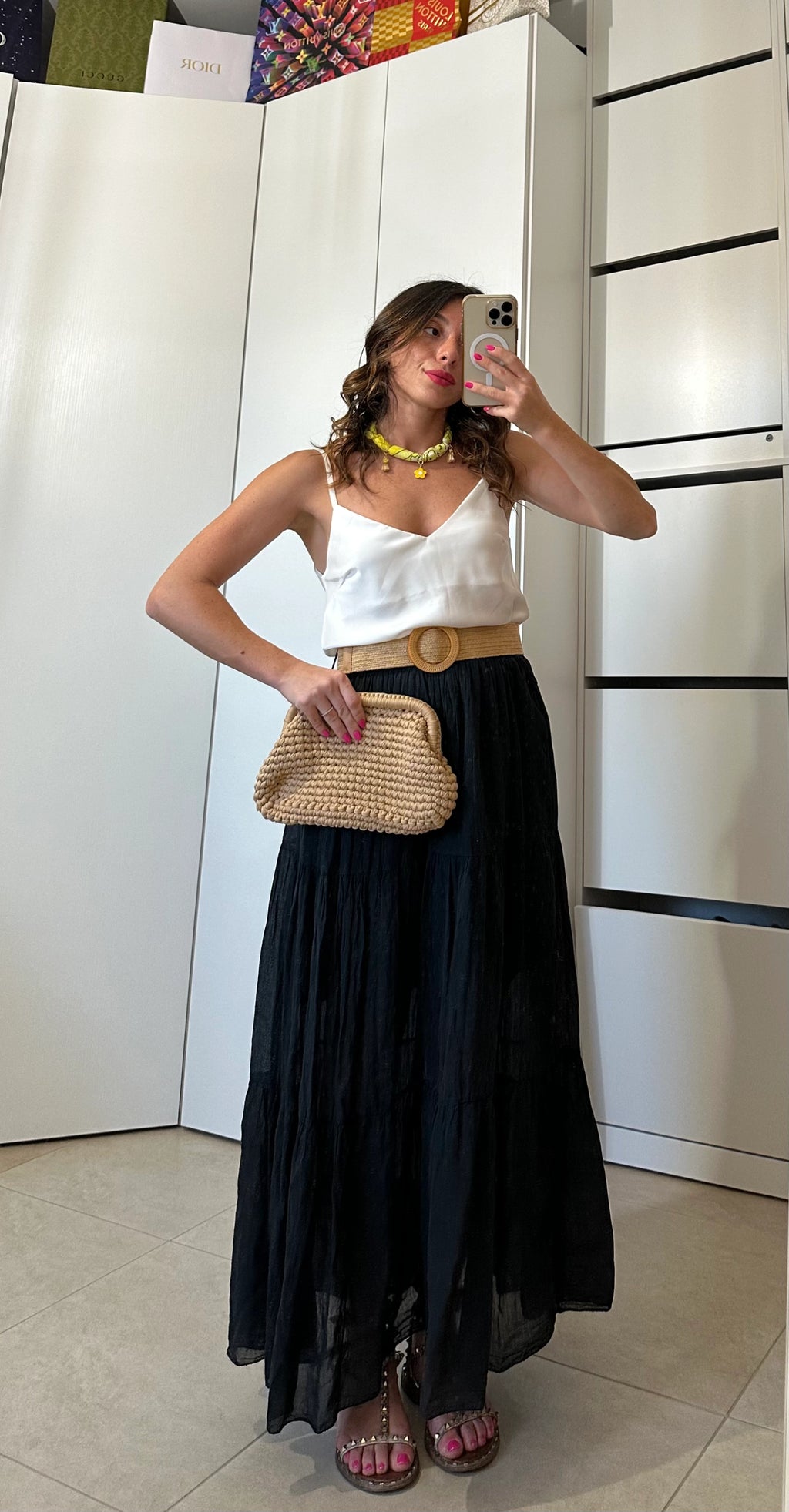 Gonna Lunga a Balze con Cintura in Raffia