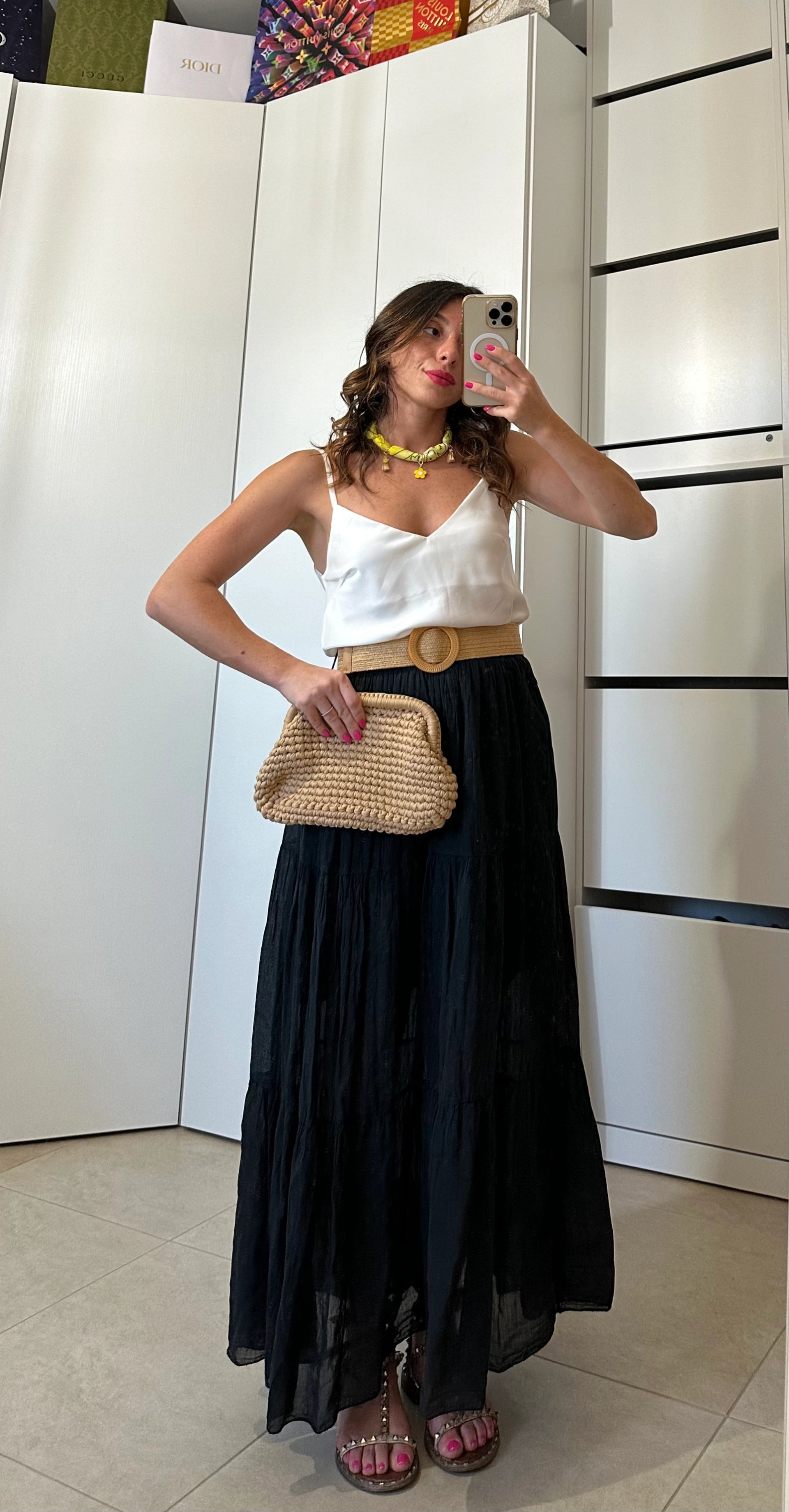 Gonna Lunga a Balze con Cintura in Raffia