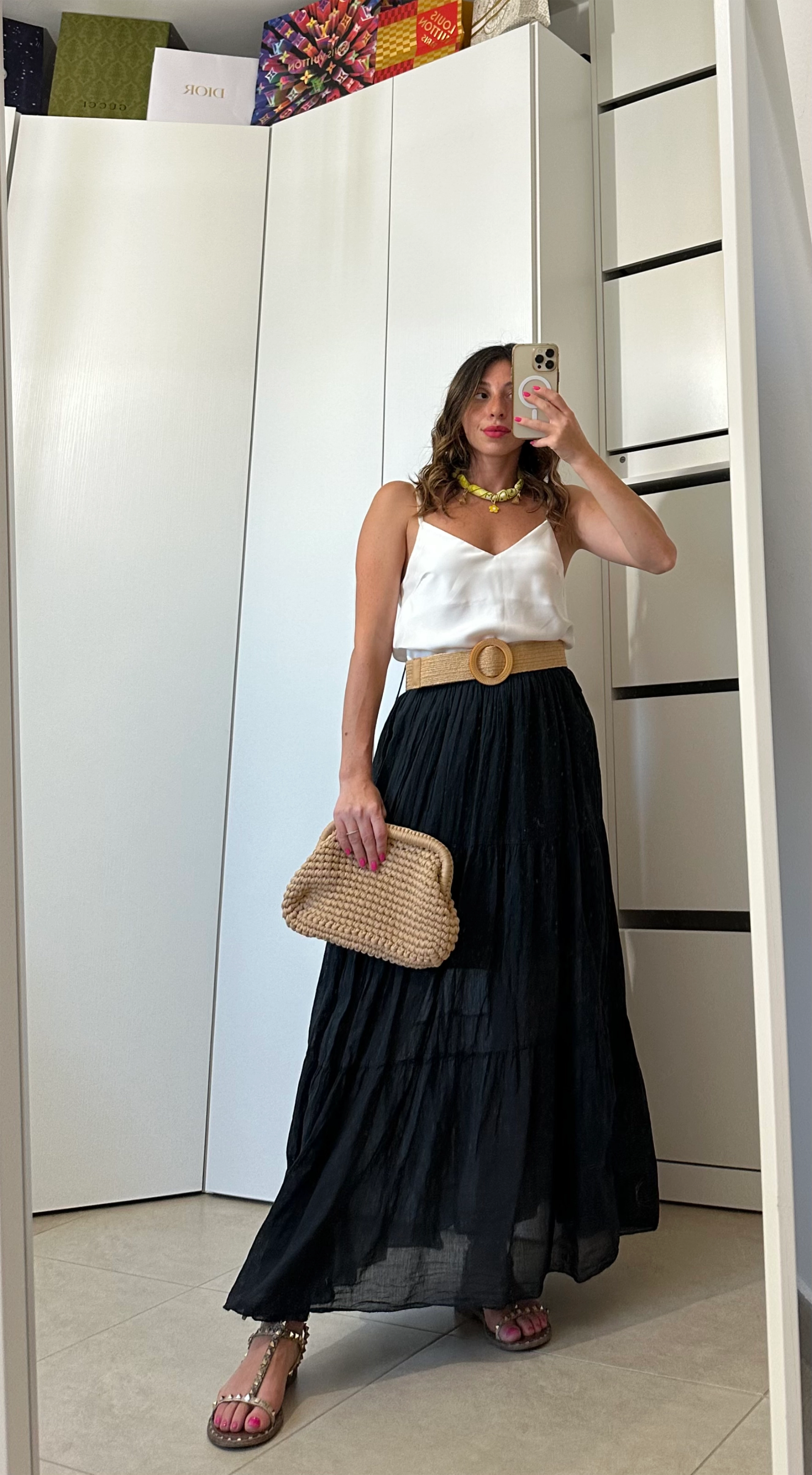 Gonna Lunga a Balze con Cintura in Raffia