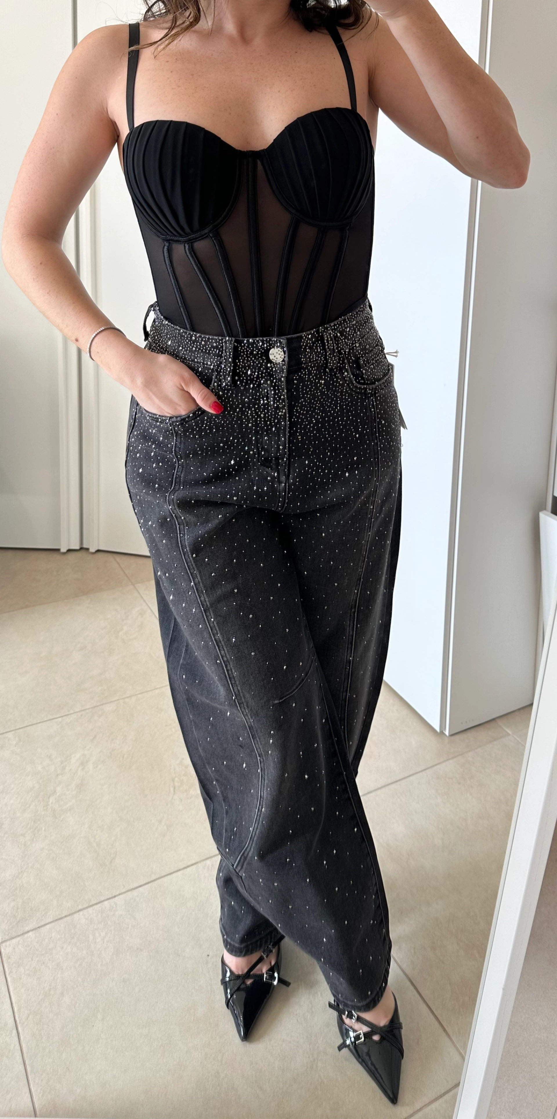 Jeans Wide Leg Neri con Strass