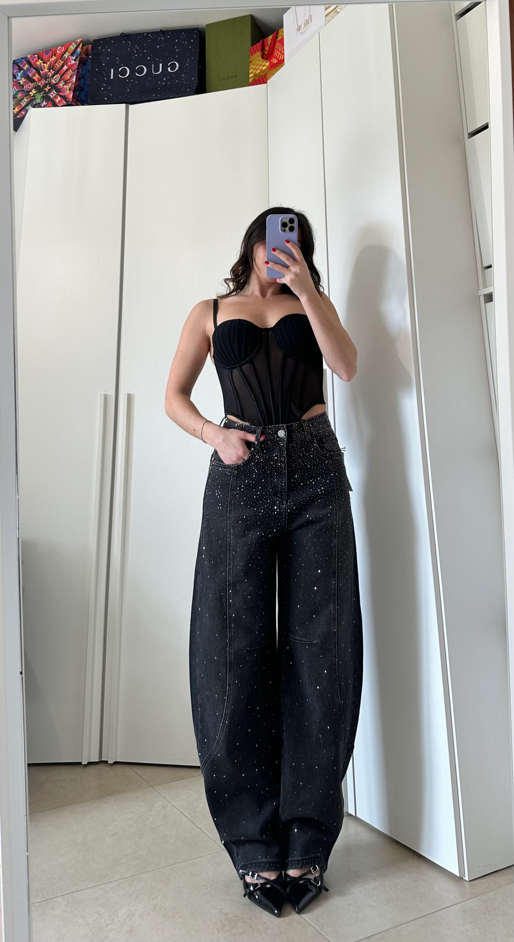 Jeans Wide Leg Neri con Strass
