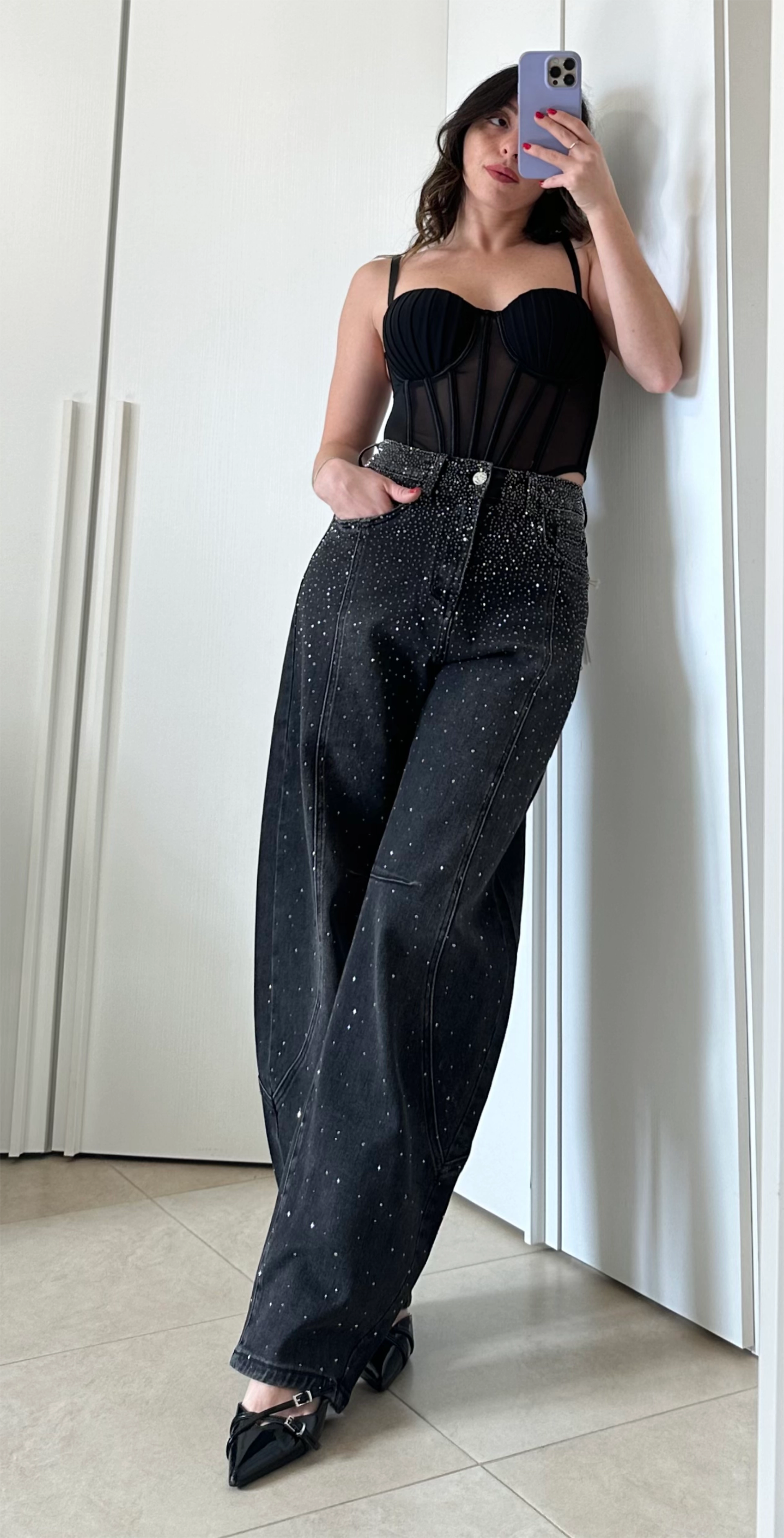 Jeans Wide Leg Neri con Strass