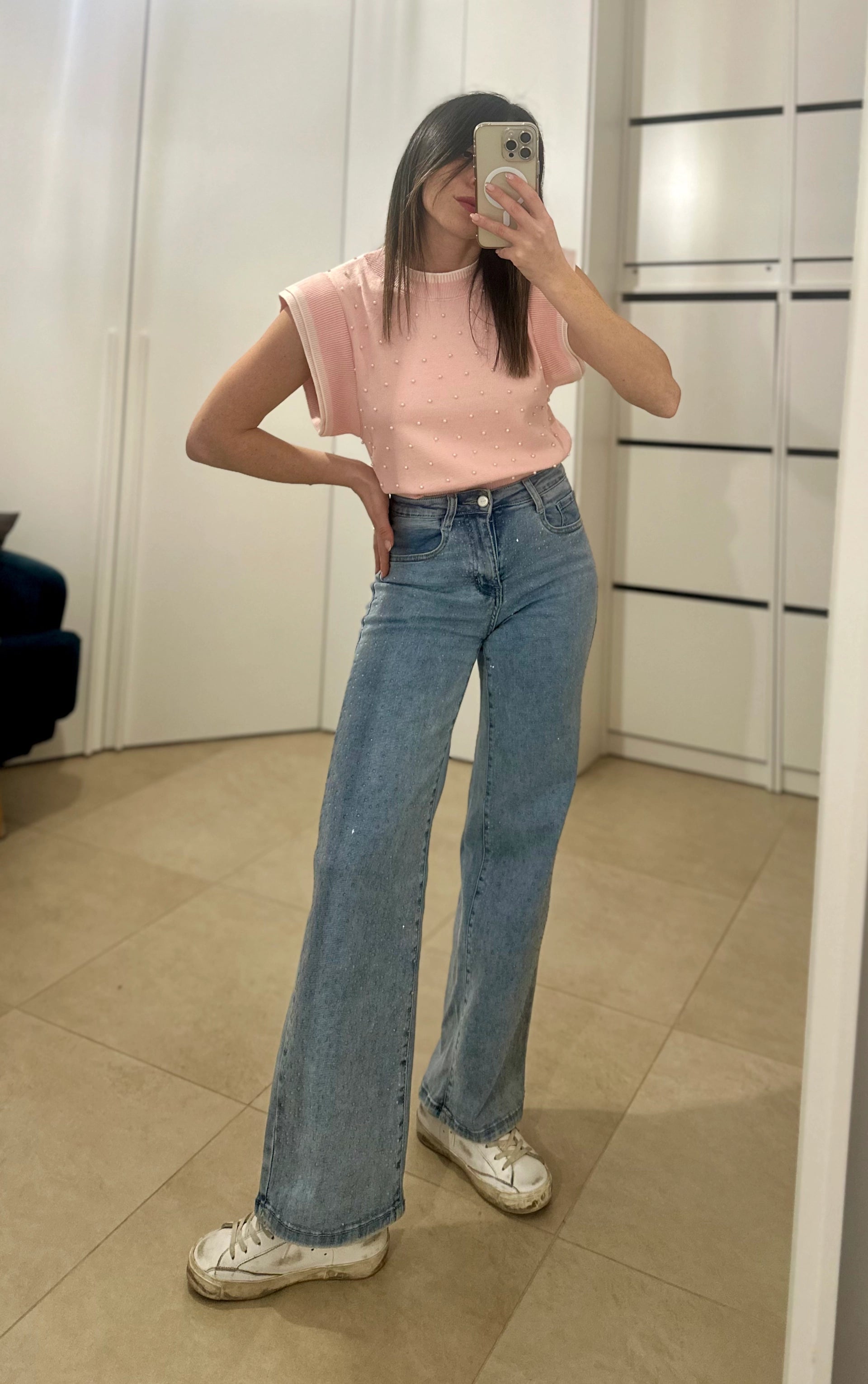 Maglia Rosa con Perle – Manica Corta