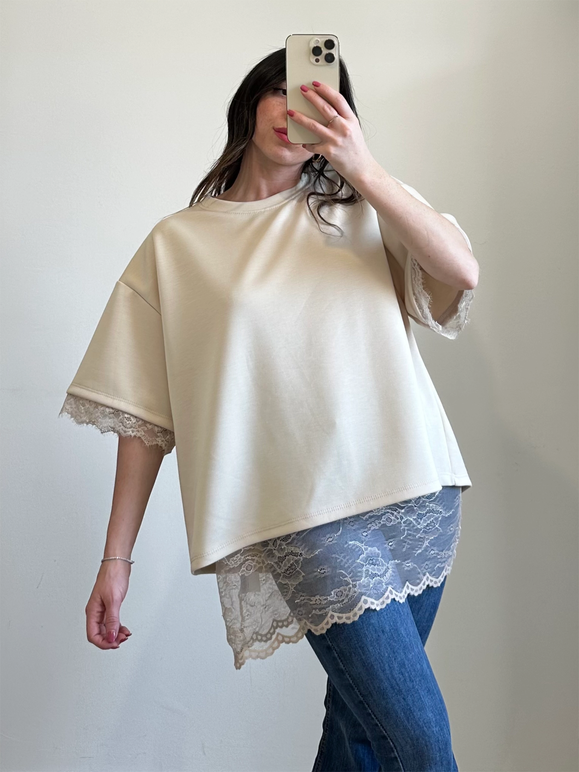 T-shirt Oversize Pizzo BEIGE